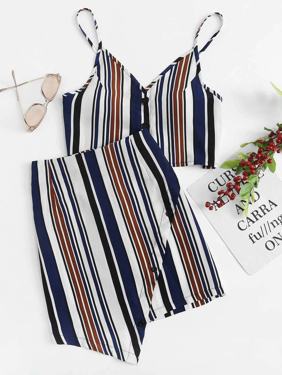 Button Front Striped Cami Top With Skirt Periwinkley Shop