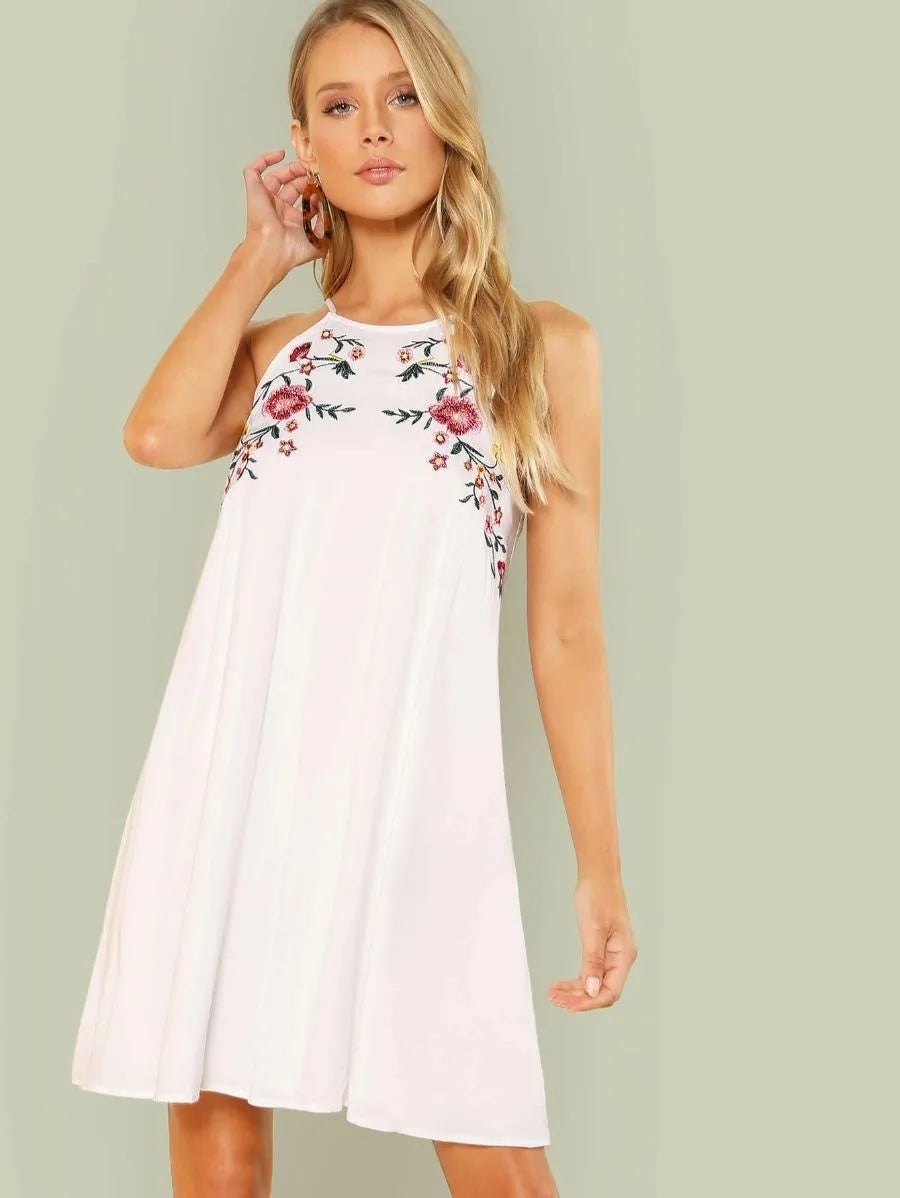 symmetrical embroidery halter trapeze dress Periwinkley Shop