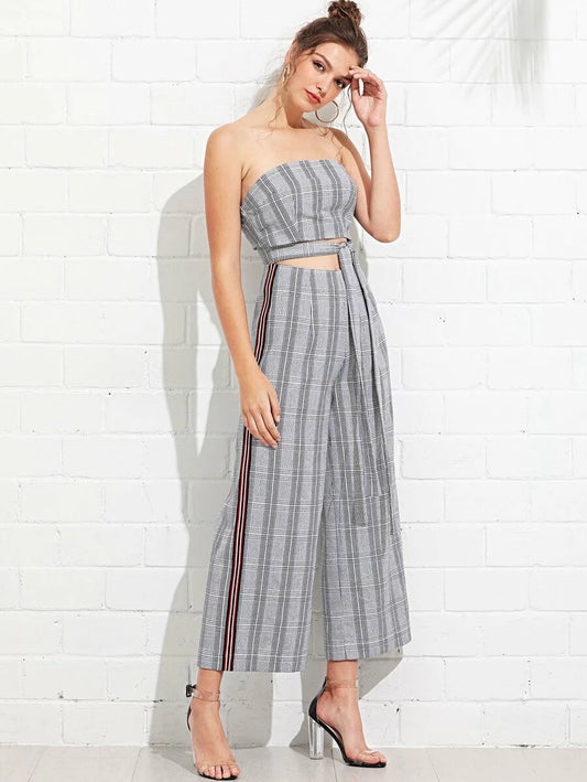 Cutout Midriff Plaid Bandeau Jumpsuit with Belt Periwinkley Shop