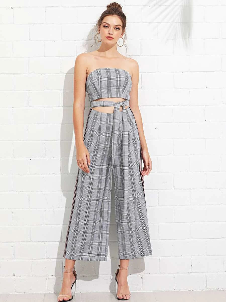 Cutout Midriff Plaid Bandeau Jumpsuit with Belt Periwinkley Shop