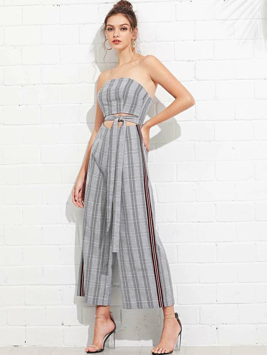 Cutout Midriff Plaid Bandeau Jumpsuit with Belt Periwinkley Shop