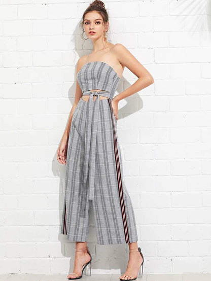 Cutout Midriff Plaid Bandeau Jumpsuit with Belt Periwinkley Shop