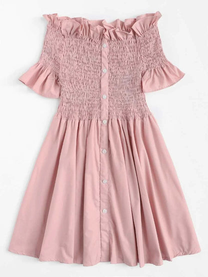 Off-Shoulder Ruffle Trim Pleated Dress Periwinkley Shop