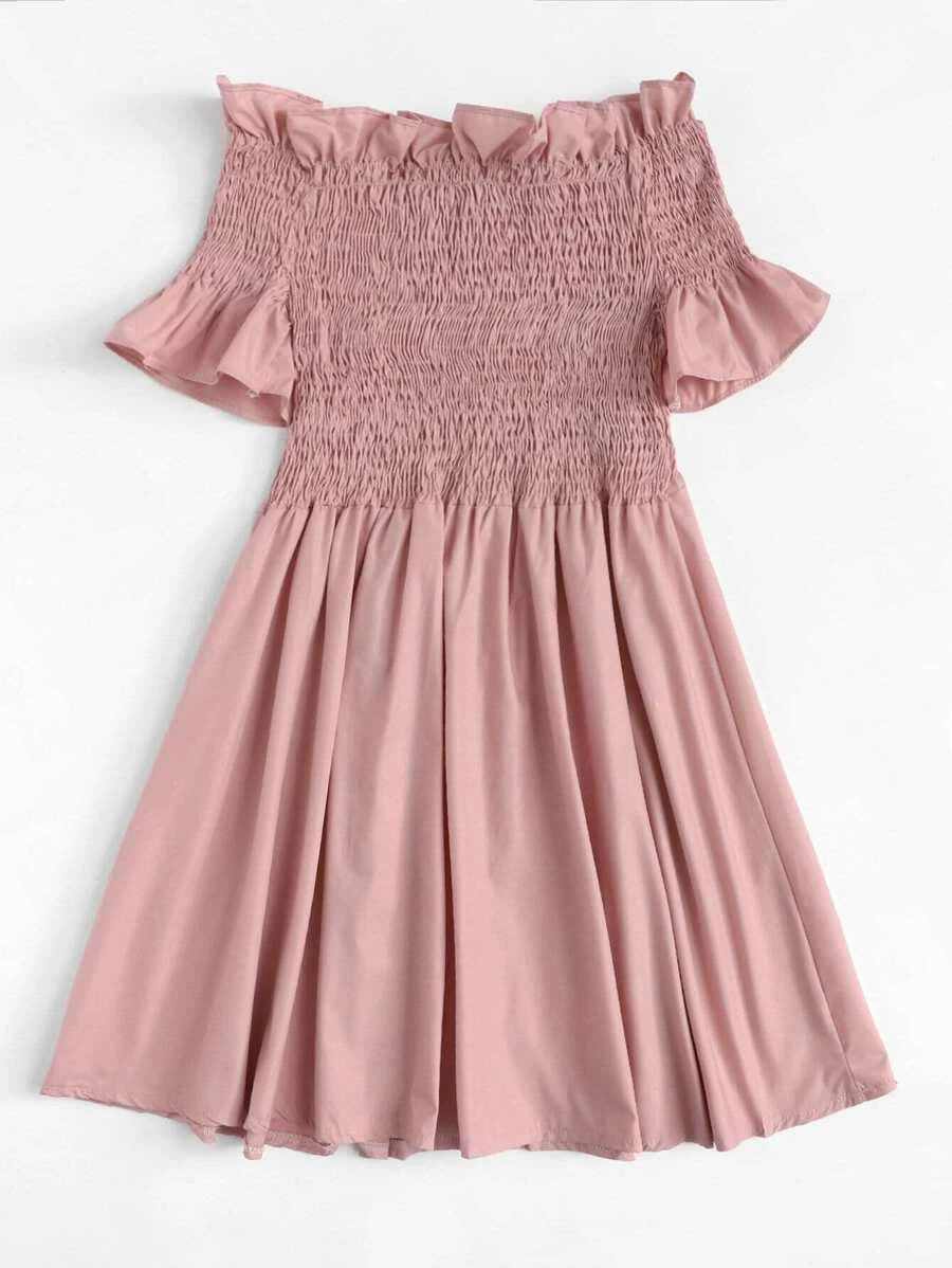 Off-Shoulder Ruffle Trim Pleated Dress Periwinkley Shop