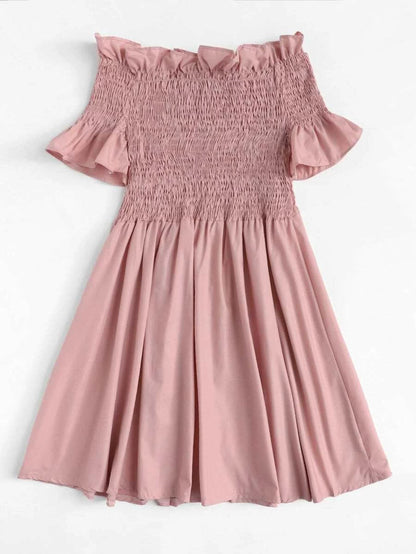 Off-Shoulder Ruffle Trim Pleated Dress Periwinkley Shop