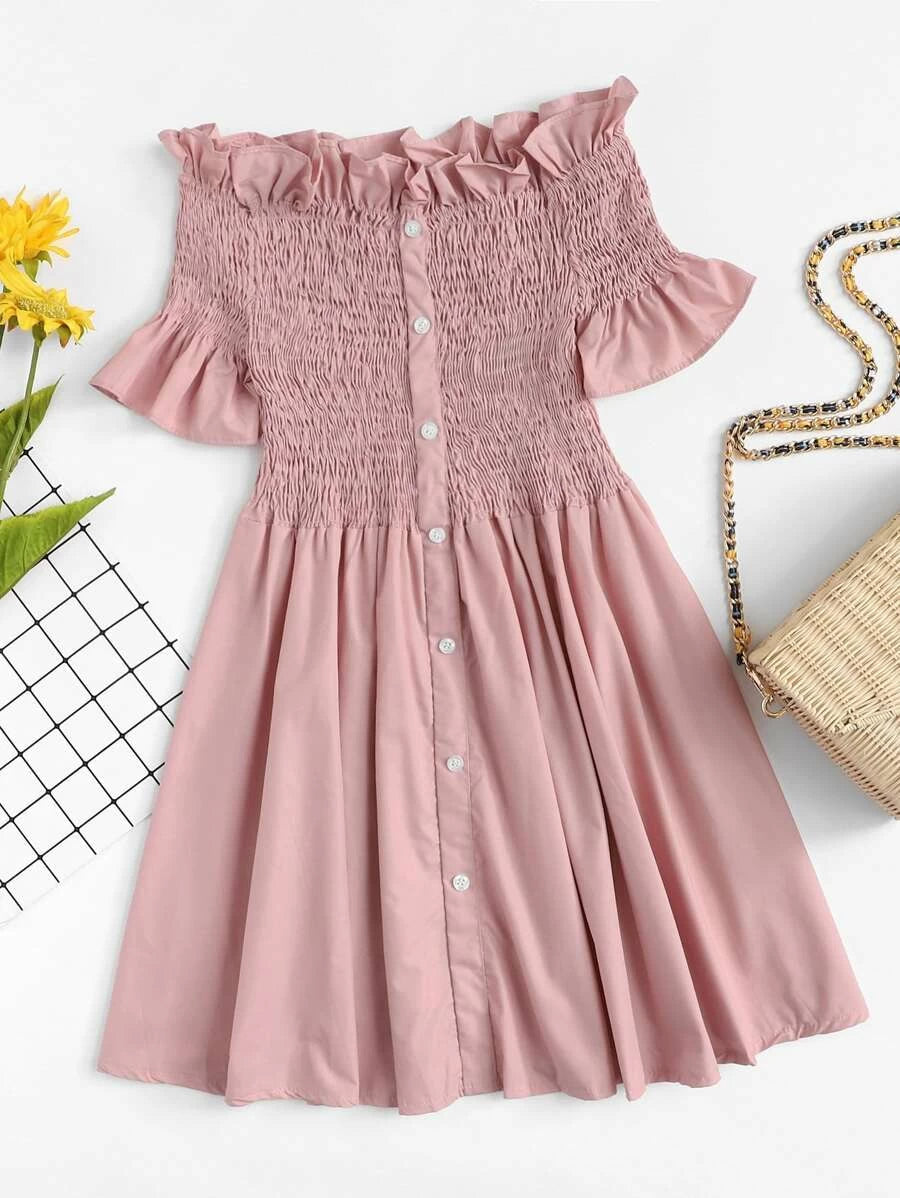 Off-Shoulder Ruffle Trim Pleated Dress Periwinkley Shop