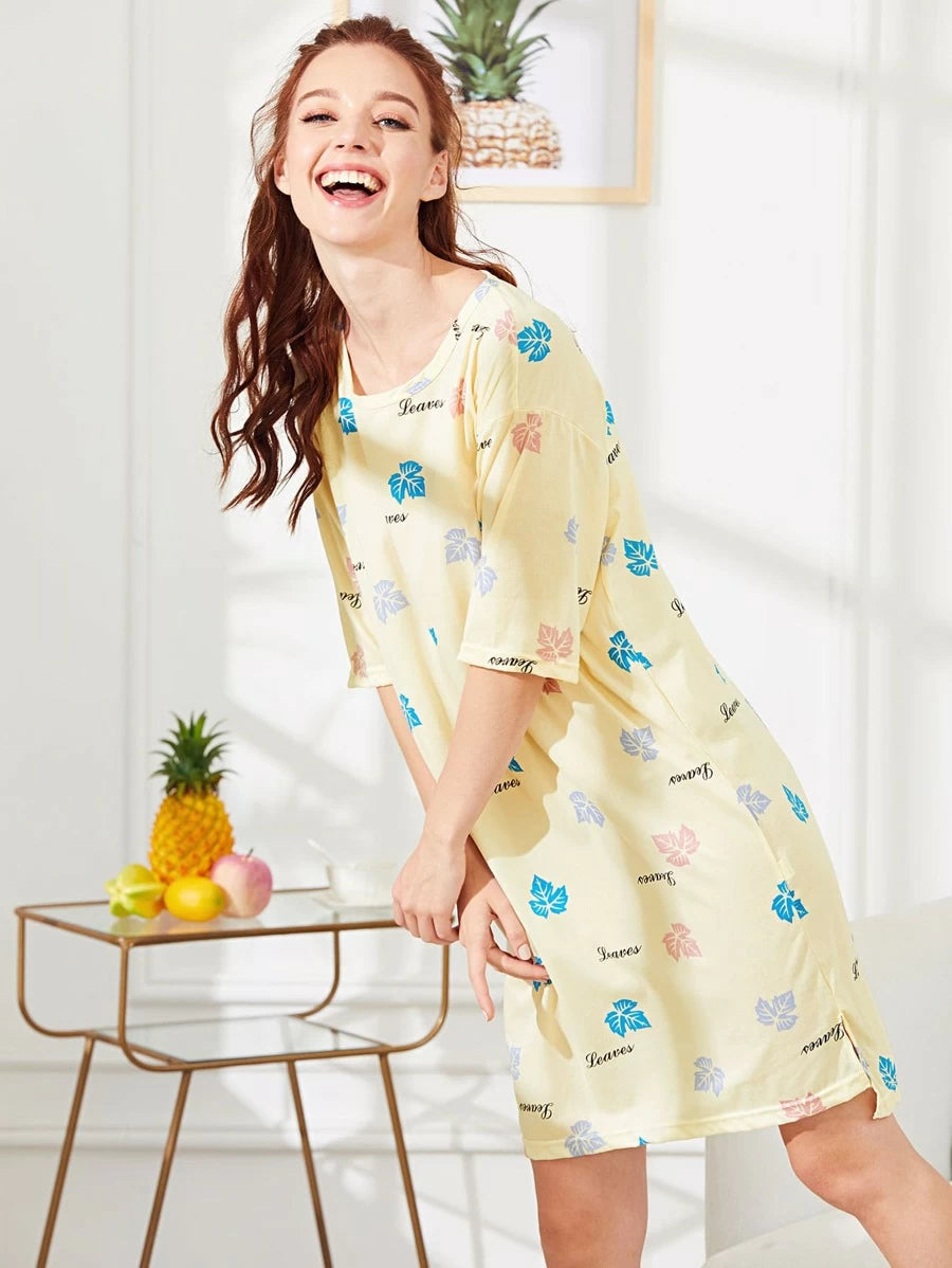 Maple Leaf Print Night Dress Periwinkley Shop