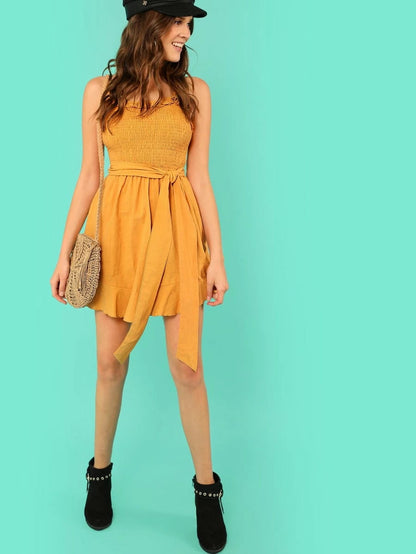 Shirred Panel Frill Trim Dress Periwinkley Shop