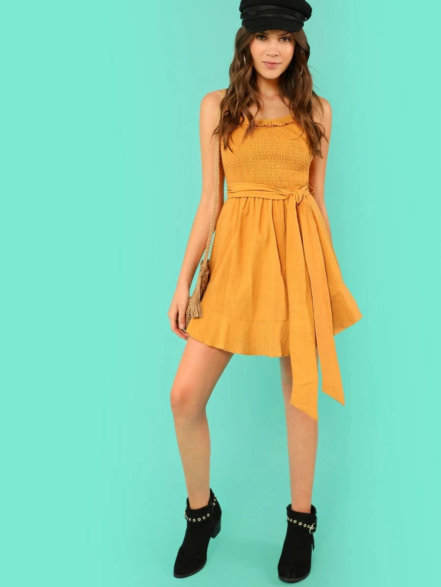 Shirred Panel Frill Trim Dress Periwinkley Shop