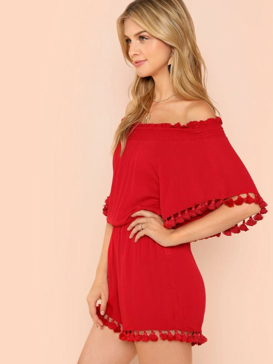 Tassel Trim Bardot Top & Shorts Set Periwinkley Shop