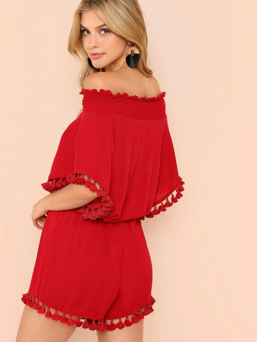 Tassel Trim Bardot Top & Shorts Set Periwinkley Shop