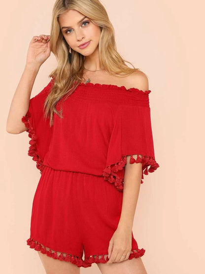 Tassel Trim Bardot Top & Shorts Set Periwinkley Shop