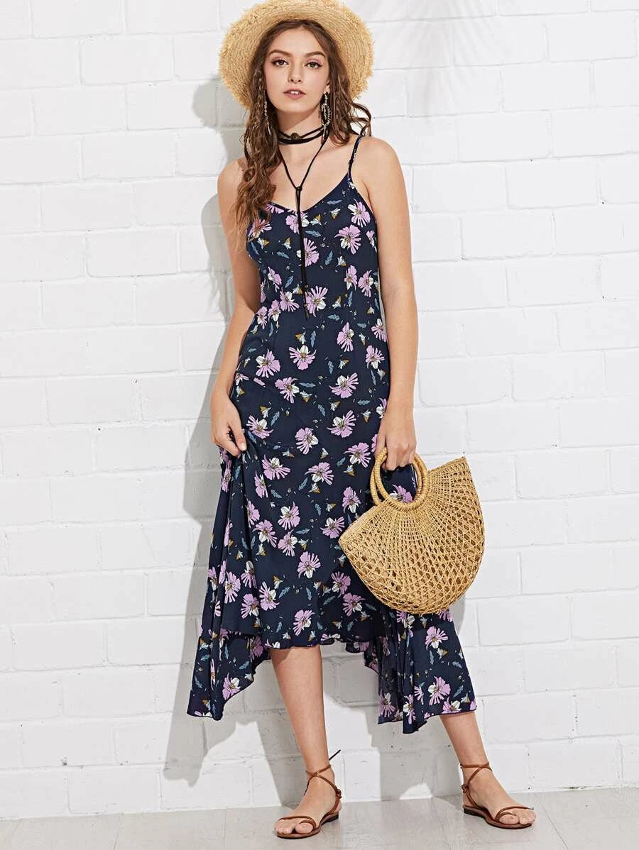 Floral Print Asymmetrical Hem Cami Dress Periwinkley Shop