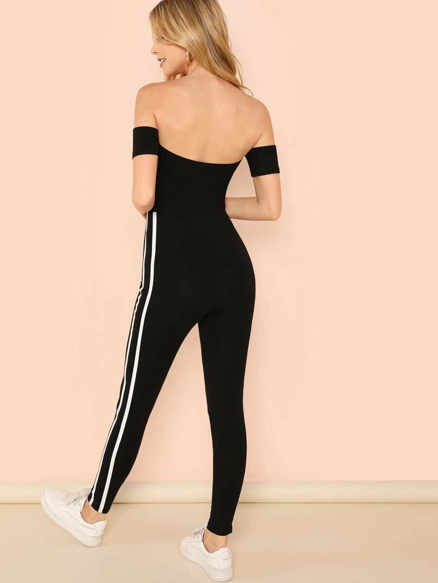 Off Shoulder Contrast Binding Side Fitted Jumpsuit Periwinkley Shop