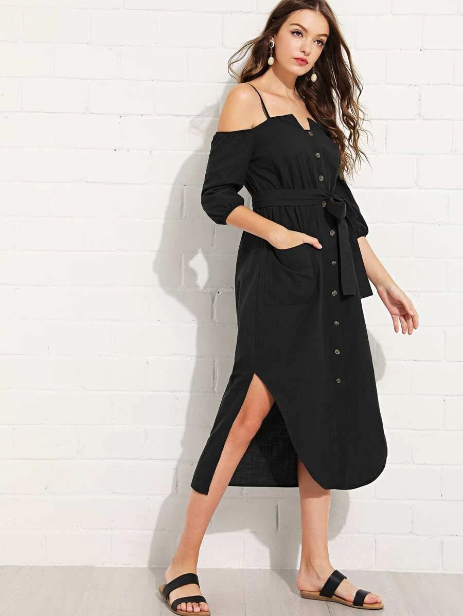 Cold Shoulder Button Up Dress with Belt Periwinkley Shop