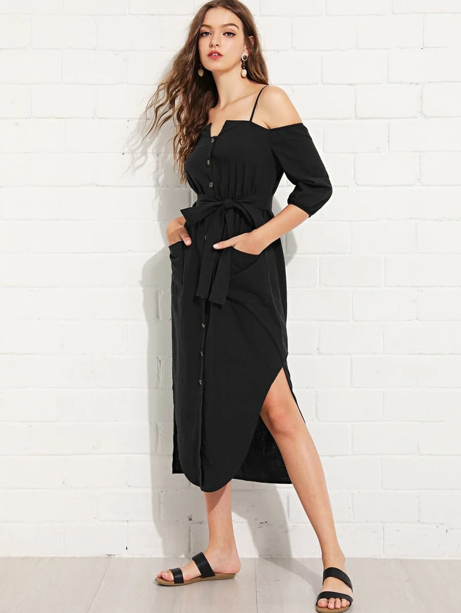 Cold Shoulder Button Up Dress with Belt Periwinkley Shop