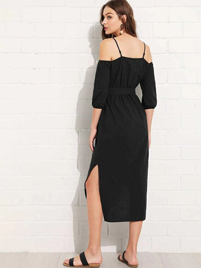 Cold Shoulder Button Up Dress with Belt Periwinkley Shop
