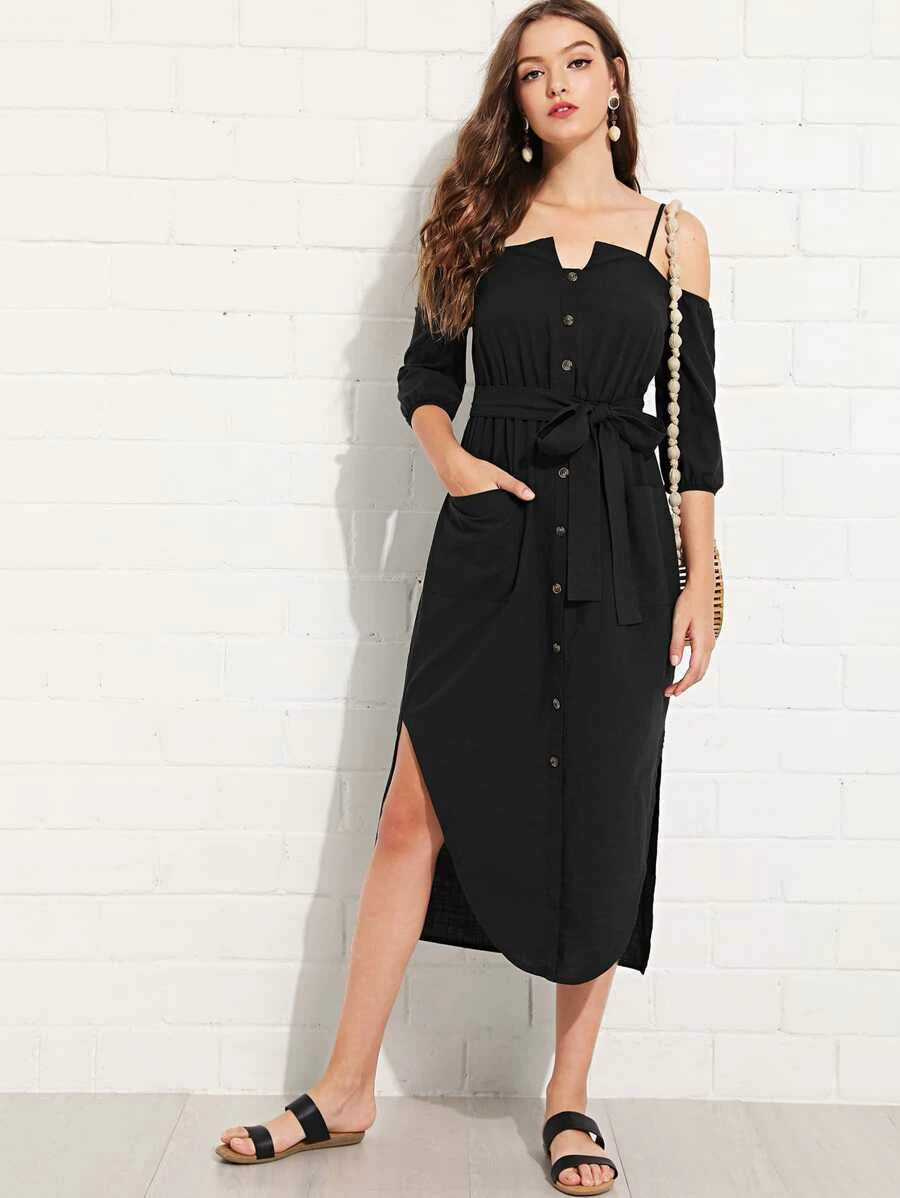 Cold Shoulder Button Up Dress with Belt Periwinkley Shop