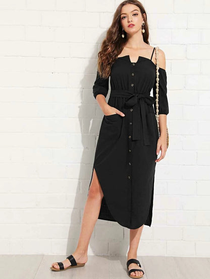 Cold Shoulder Button Up Dress with Belt Periwinkley Shop