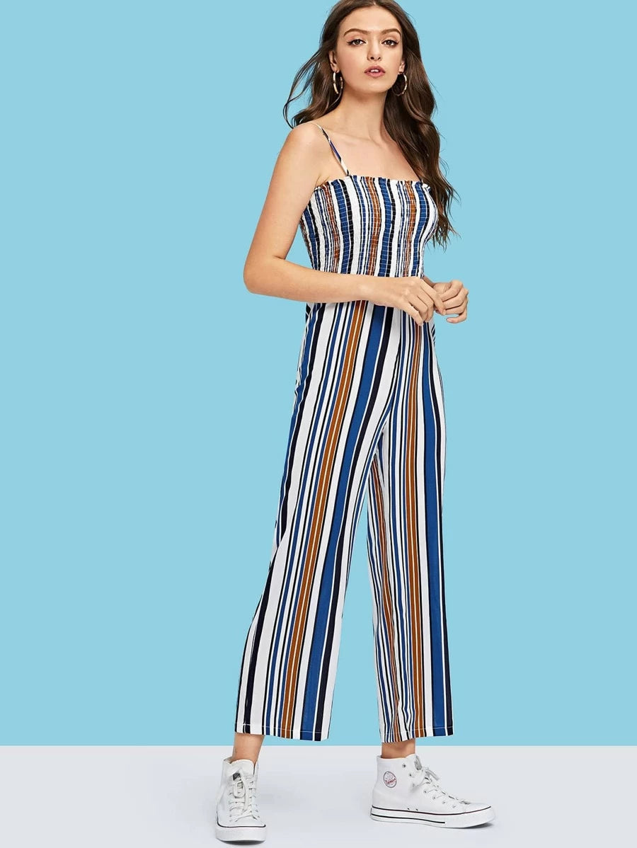 Multi Striped Frill Trim Shirred Cami Jumpsuit Periwinkley Shop