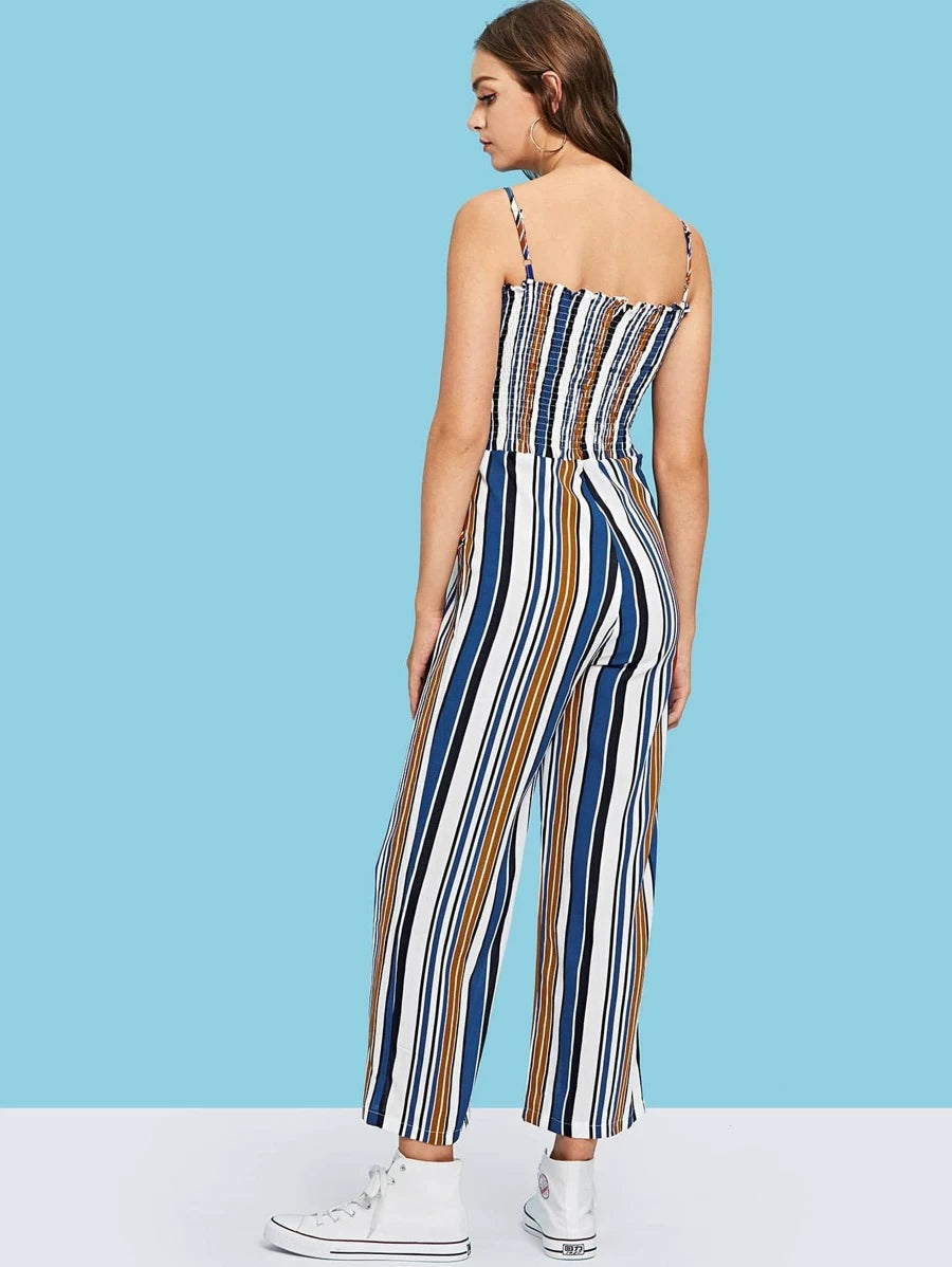 Multi Striped Frill Trim Shirred Cami Jumpsuit Periwinkley Shop