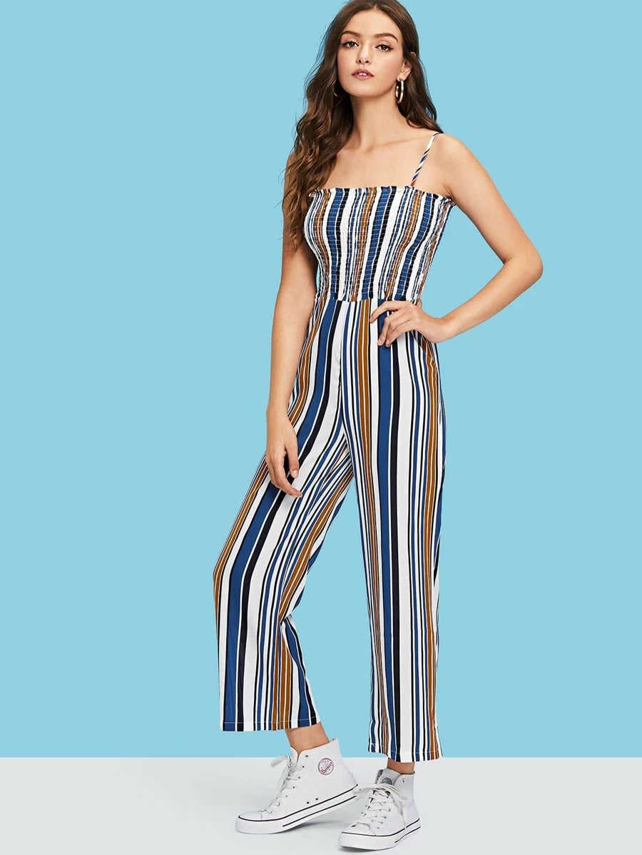 Multi Striped Frill Trim Shirred Cami Jumpsuit Periwinkley Shop