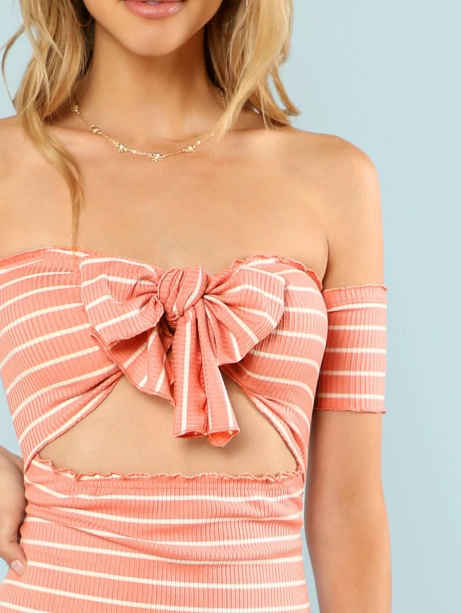 Lettuce Trim Knot Front Bardot Striped Dress Periwinkley Shop