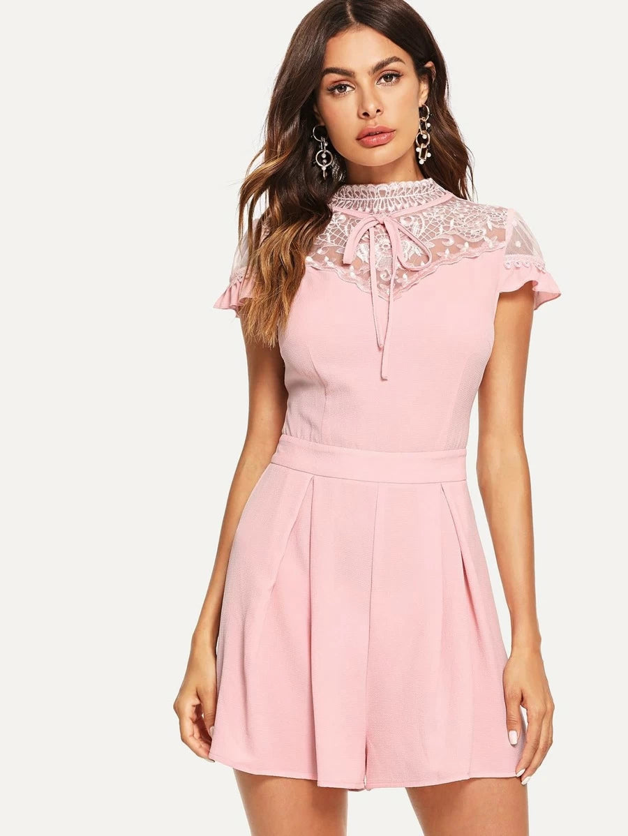 Mock Neck Lace Embellished Romper Periwinkley Shop