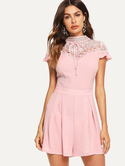 Mock Neck Lace Embellished Romper Periwinkley Shop