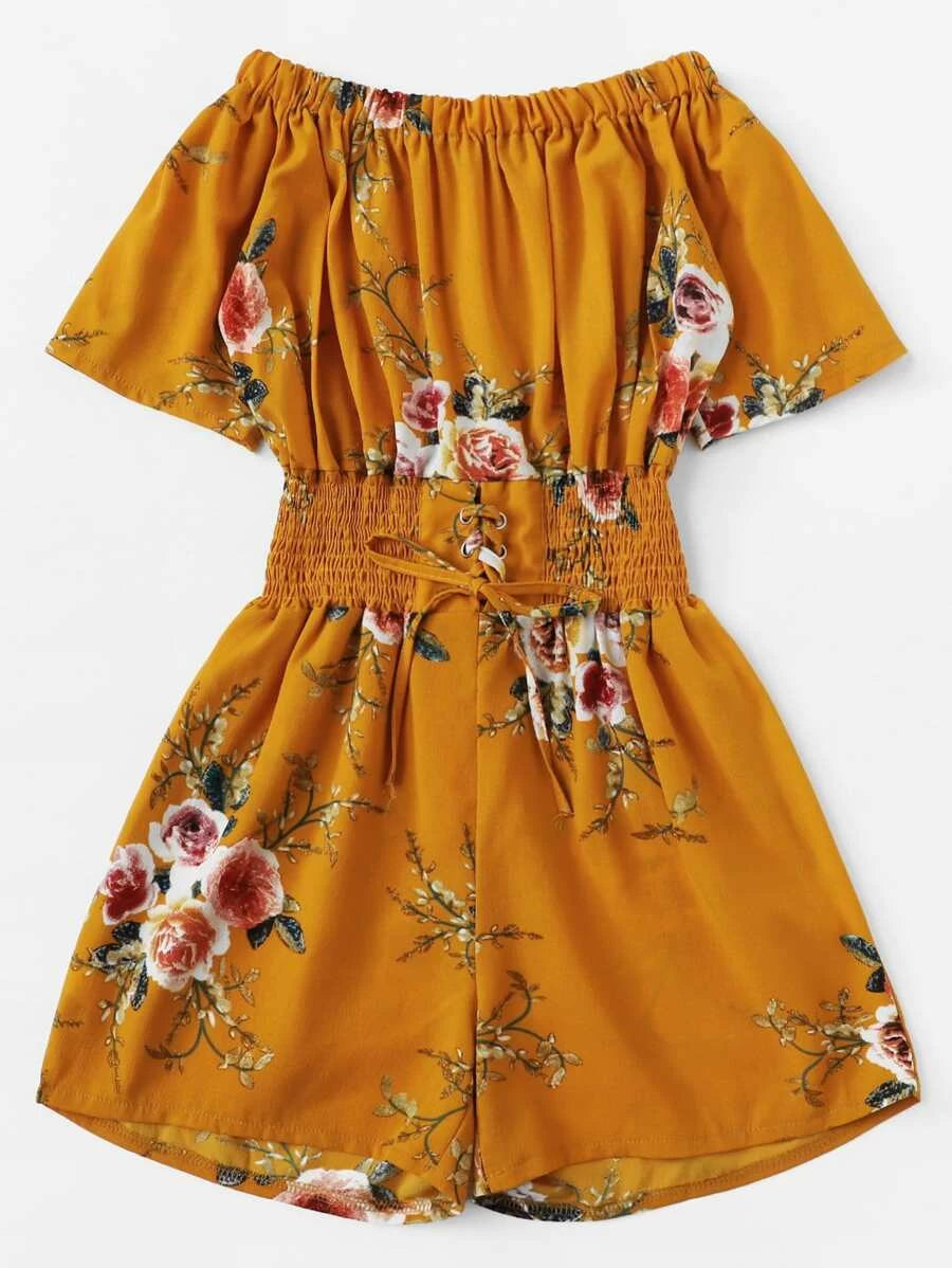 Off Shoulder Lace Up Front Floral Romper Periwinkley Shop