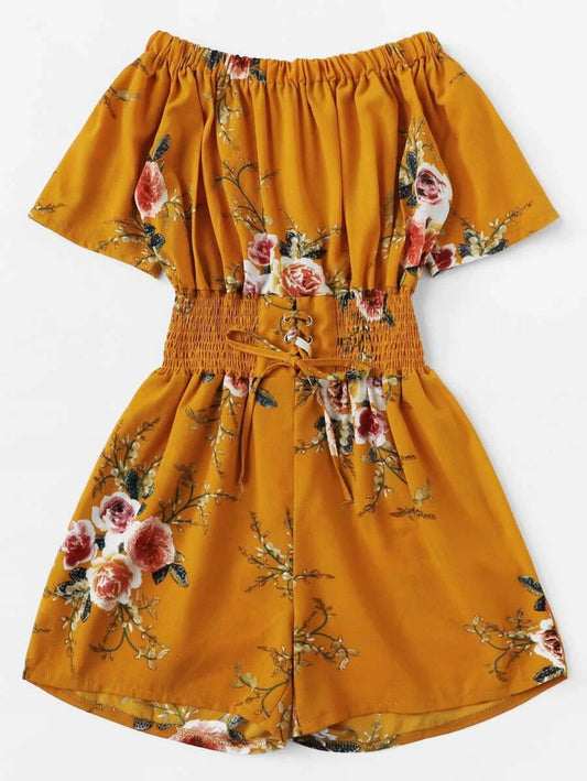 Off Shoulder Lace Up Front Floral Romper Periwinkley Shop