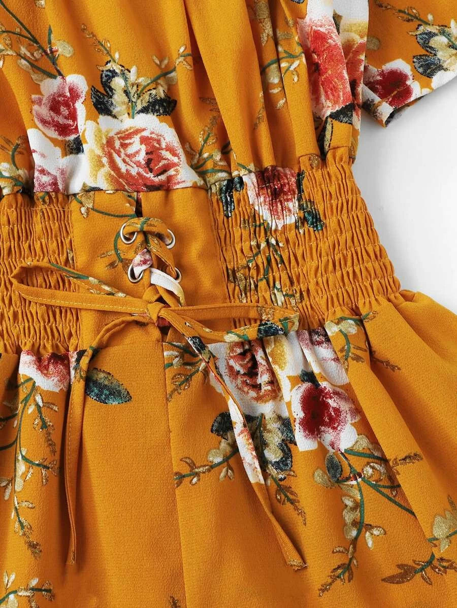 Off Shoulder Lace Up Front Floral Romper Periwinkley Shop