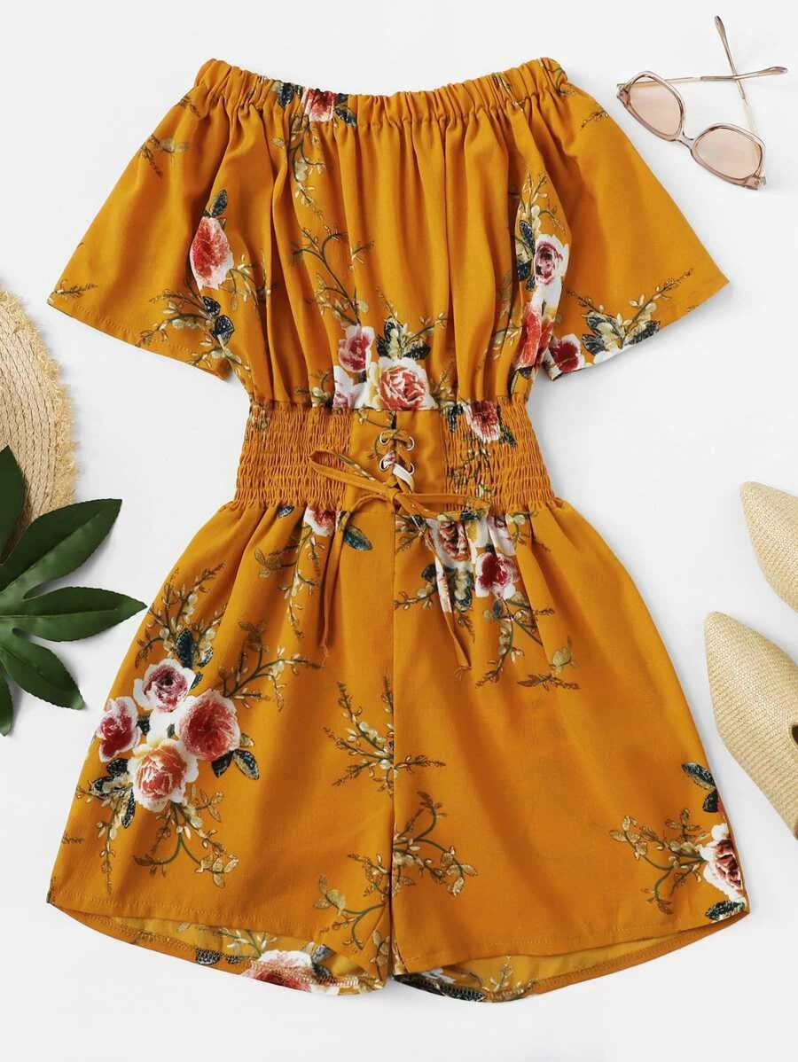 Off Shoulder Lace Up Front Floral Romper Periwinkley Shop
