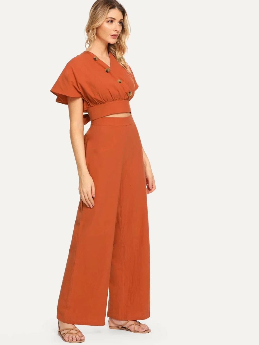 Surplice Neck Cut Out Knot Back Top and Palazzo Pants Set Periwinkley Shop