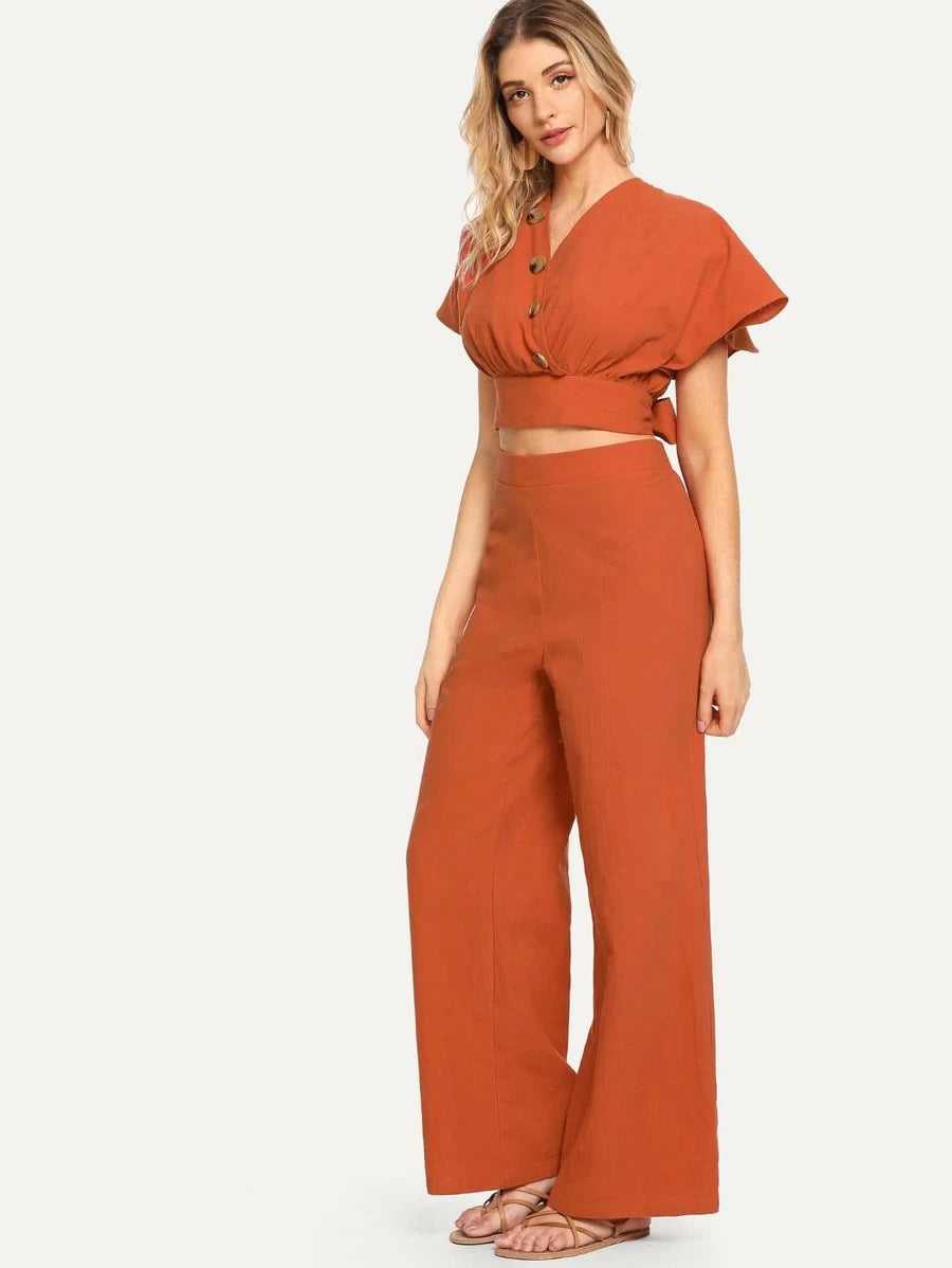 Surplice Neck Cut Out Knot Back Top and Palazzo Pants Set Periwinkley Shop