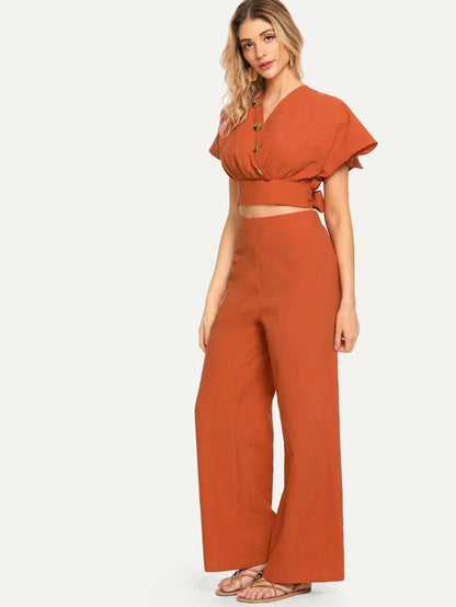 Surplice Neck Cut Out Knot Back Top and Palazzo Pants Set Periwinkley Shop