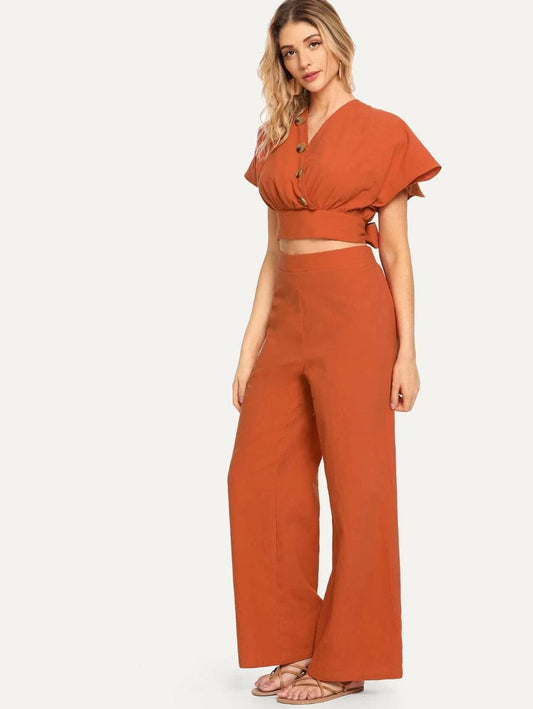 Surplice Neck Cut Out Knot Back Top and Palazzo Pants Set Periwinkley Shop