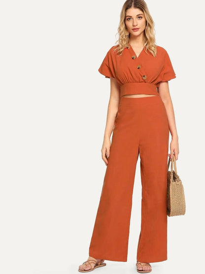 Surplice Neck Cut Out Knot Back Top and Palazzo Pants Set Periwinkley Shop