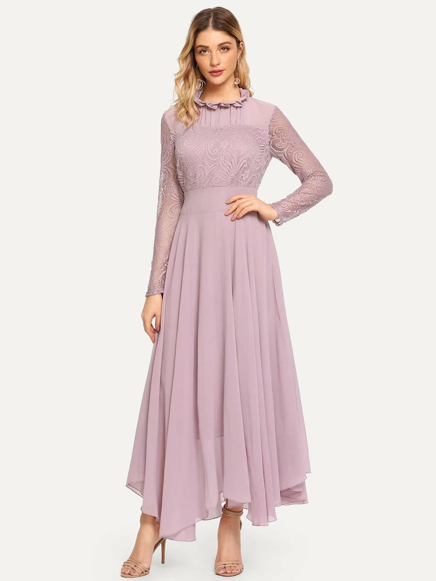 Frill Neck Lace Top Flowy Maxi Dress Periwinkley Shop