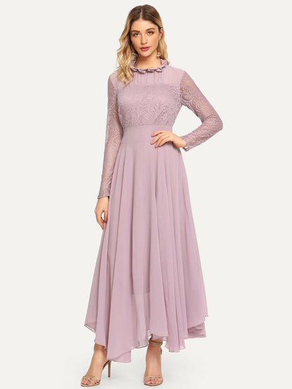 Frill Neck Lace Top Flowy Maxi Dress Periwinkley Shop