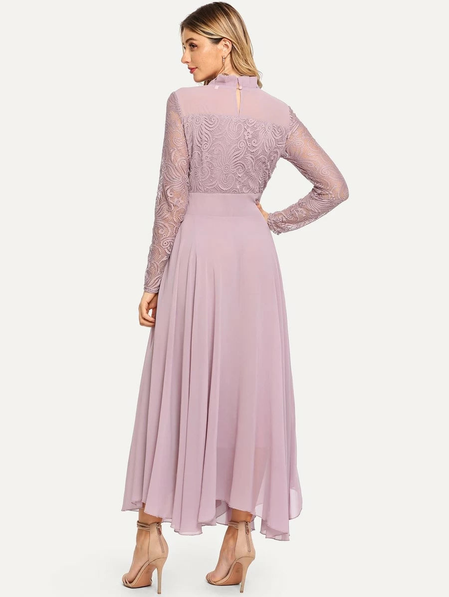 Frill Neck Lace Top Flowy Maxi Dress Periwinkley Shop