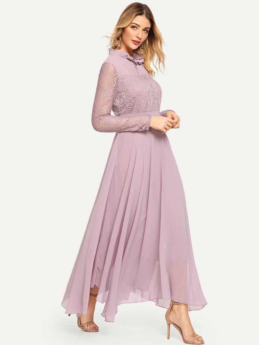 Frill Neck Lace Top Flowy Maxi Dress Periwinkley Shop