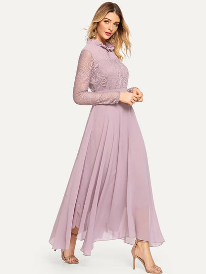 Frill Neck Lace Top Flowy Maxi Dress Periwinkley Shop