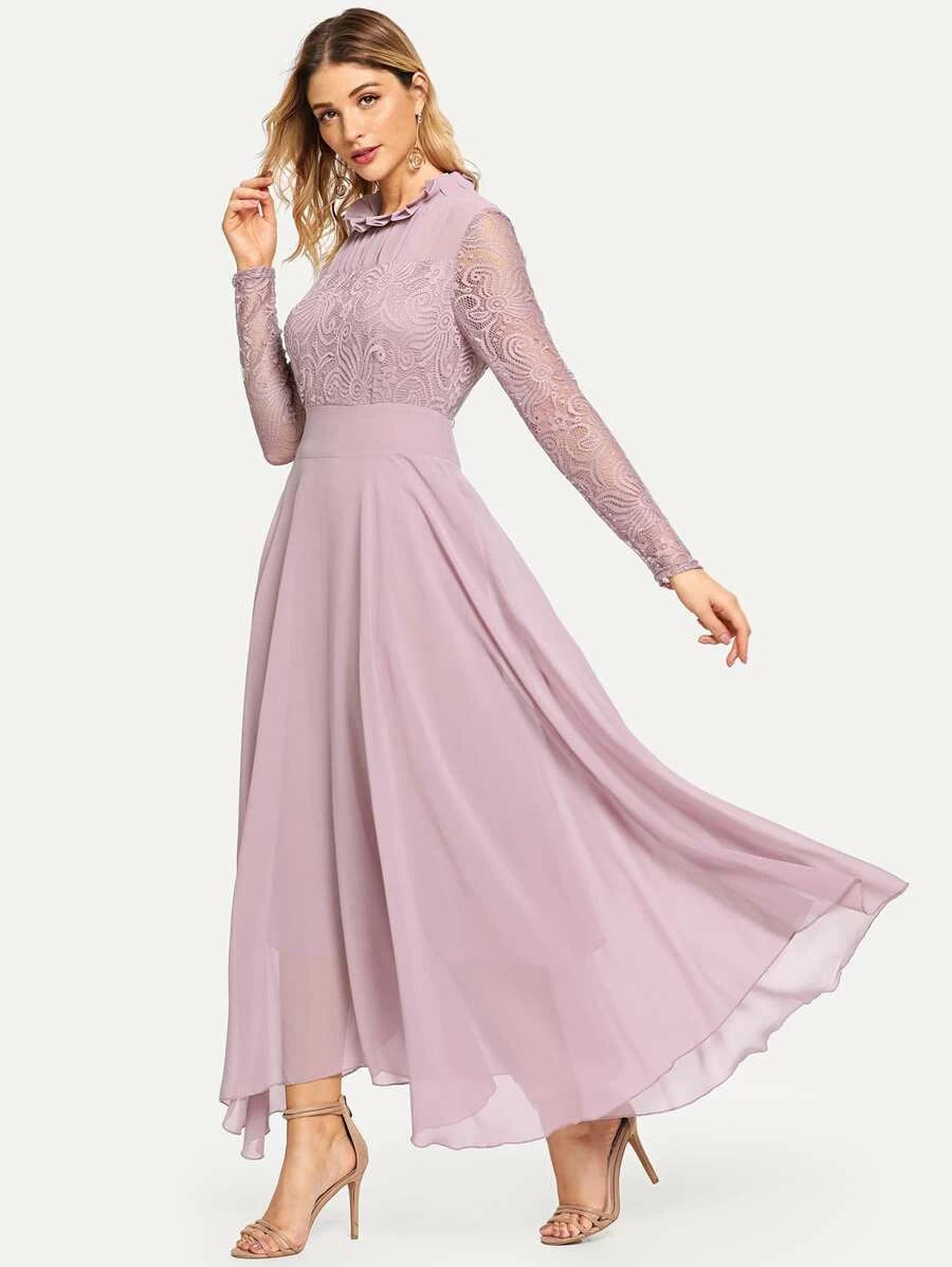 Frill Neck Lace Top Flowy Maxi Dress Periwinkley Shop