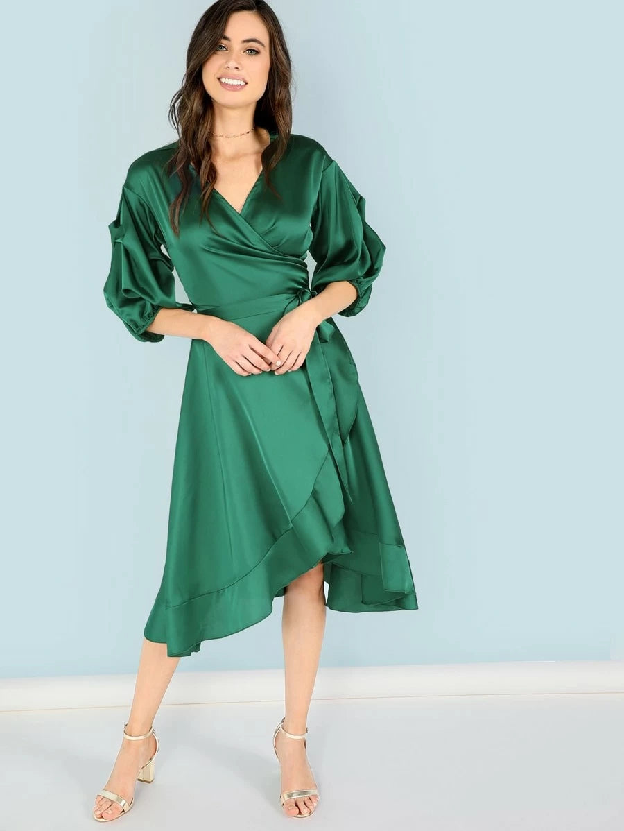 Belted Wrap Bishop Sleeve Ruffle Dress Periwinkley Shop