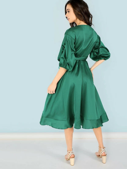 Belted Wrap Bishop Sleeve Ruffle Dress Periwinkley Shop