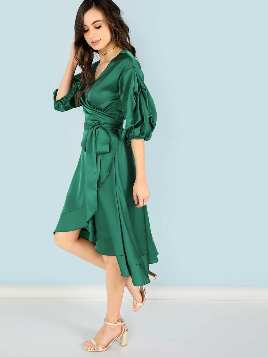 Belted Wrap Bishop Sleeve Ruffle Dress Periwinkley Shop