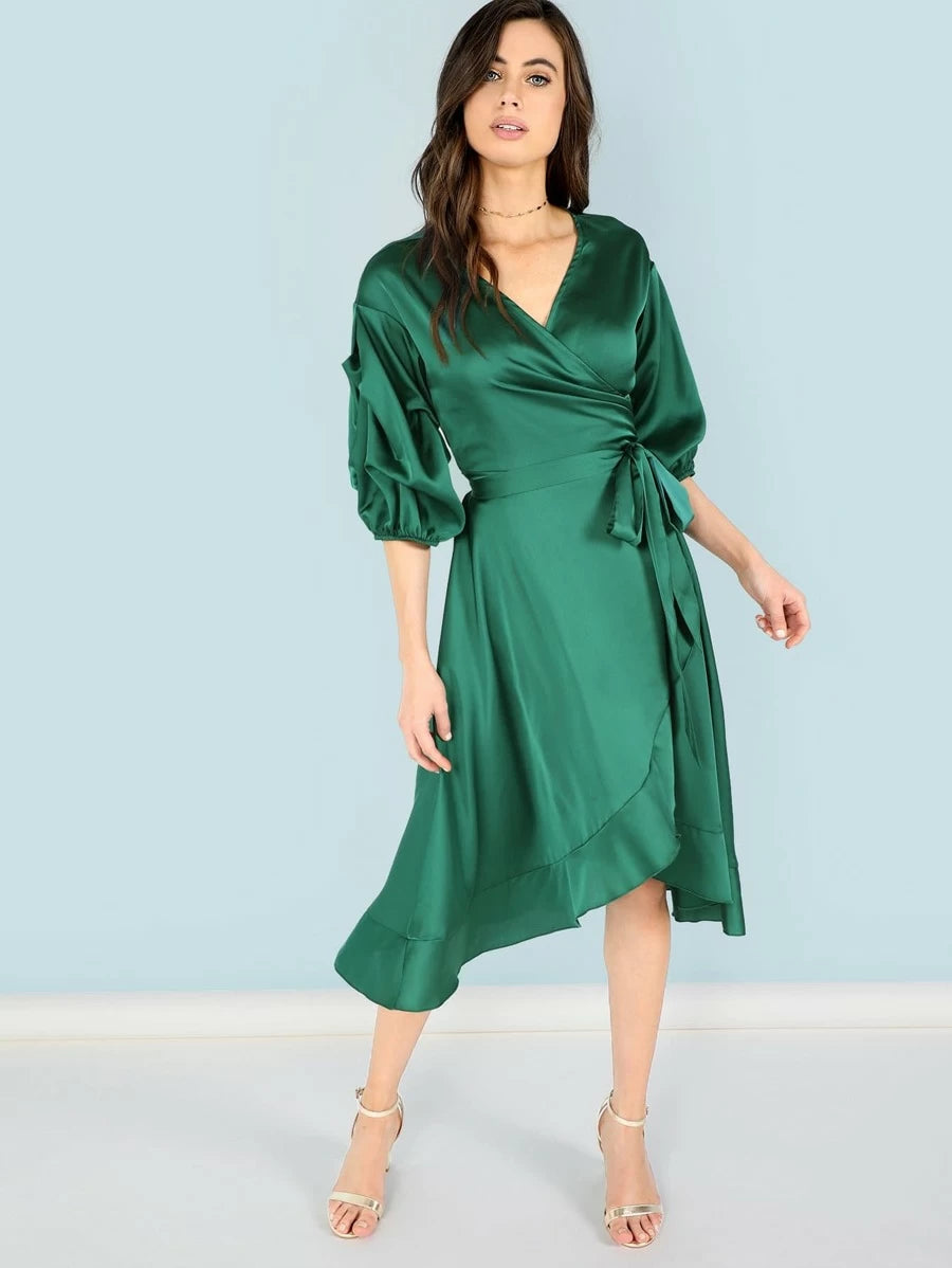 Belted Wrap Bishop Sleeve Ruffle Dress Periwinkley Shop