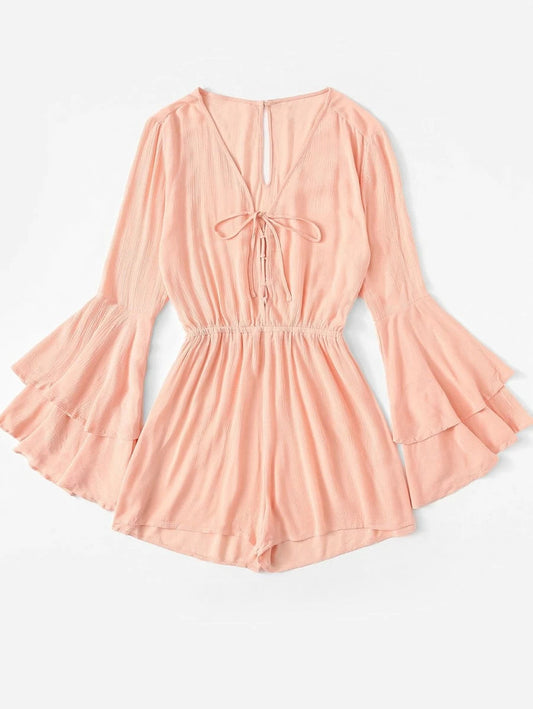 Tie Front V Neckline Solid Romper Periwinkley Shop