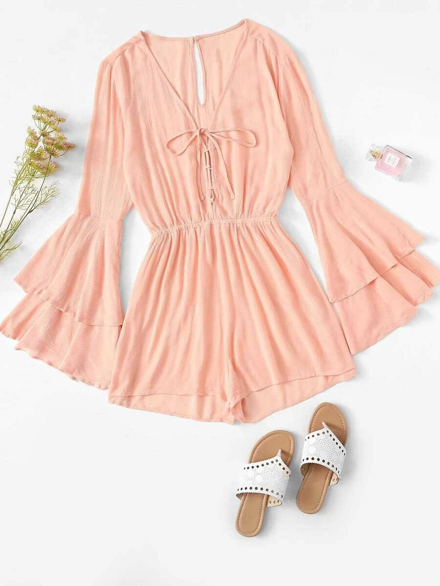 Tie Front V Neckline Solid Romper Periwinkley Shop